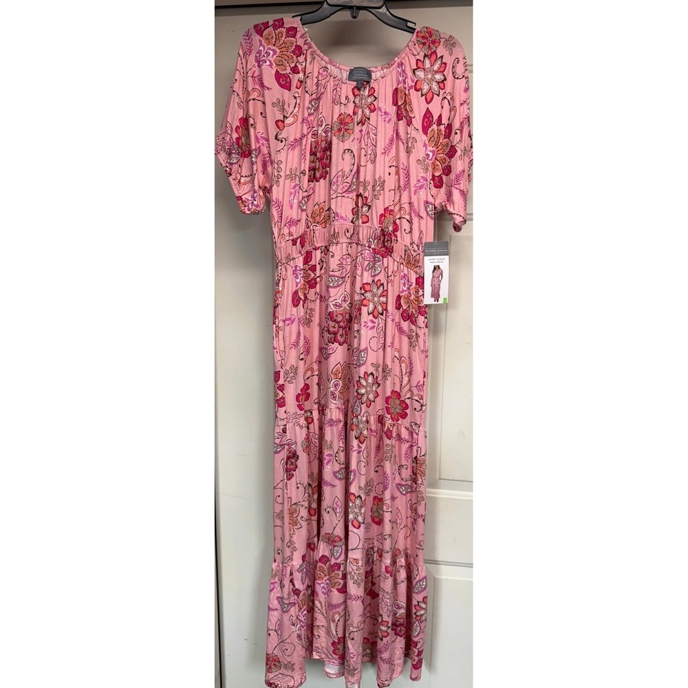 Berkley Jensen Womens Pink Paisley Tiered Short Sleeve Maxi Dress Large 0574